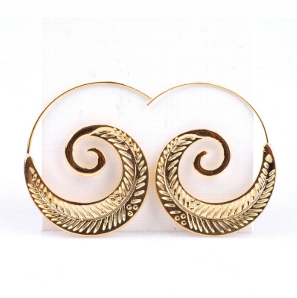 Tribal Circle Spiral Hoop leaf Earrings